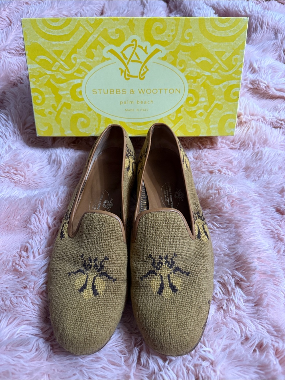 Stubbs & Wootton Tan Embroidered Canvas Smoking Slippers